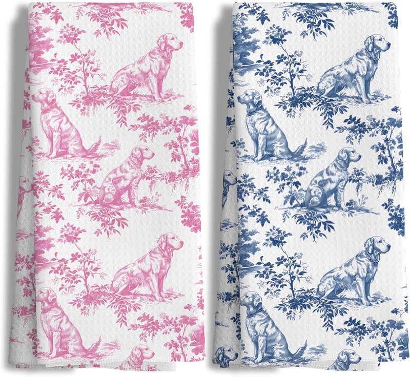 Nipil Chinoiserie Golden Retriever Kitchen Towels Set of 2,Pink and Blue Golden Retriever Gifts Decorative Dish Tea Towels,Grandmillennial Botanical Dog Hand Towels for Kitchen Bathroom,16x24 Inch - Image 1